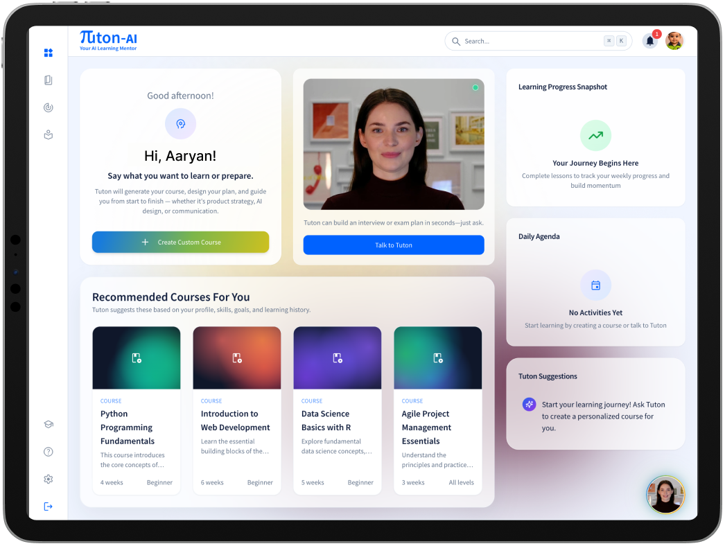 TutonAI dashboard shown on an iPad, displaying a learning path.